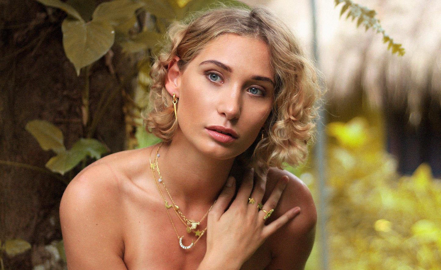 Citrine Stone Mini Circle Earrings on model