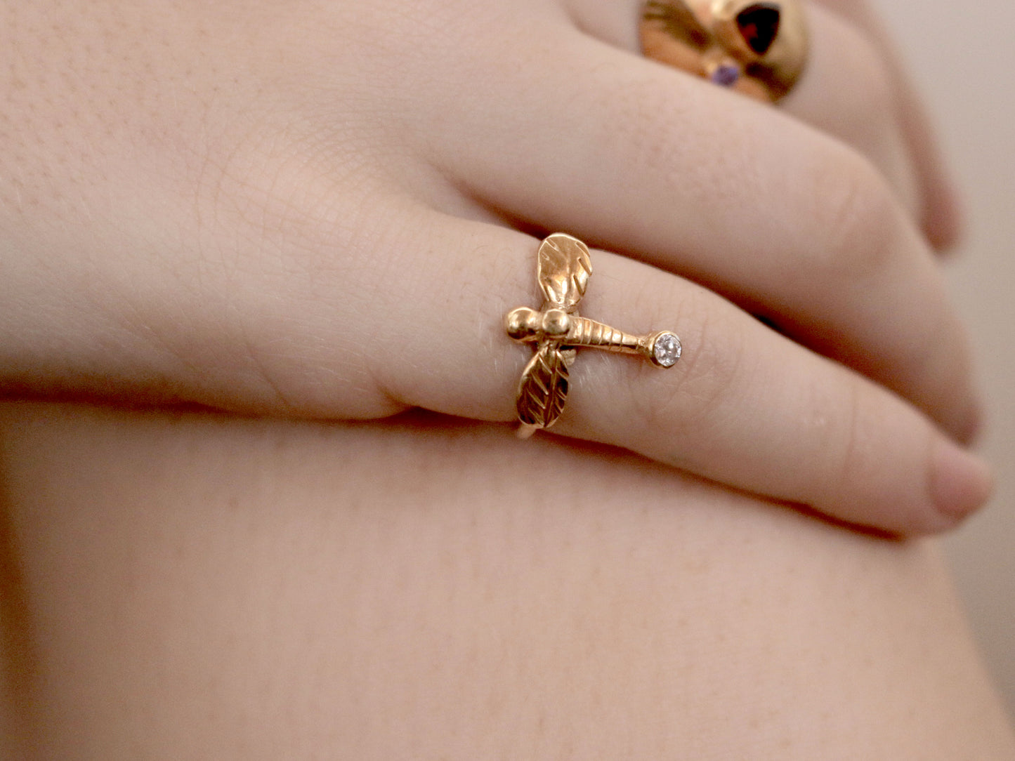dragonfly gold ring on model