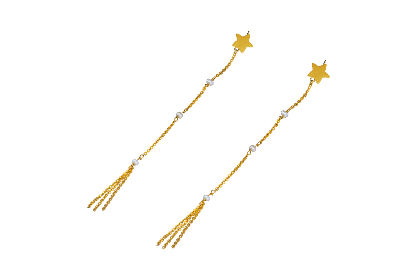 star and pearls chain gold earrings
