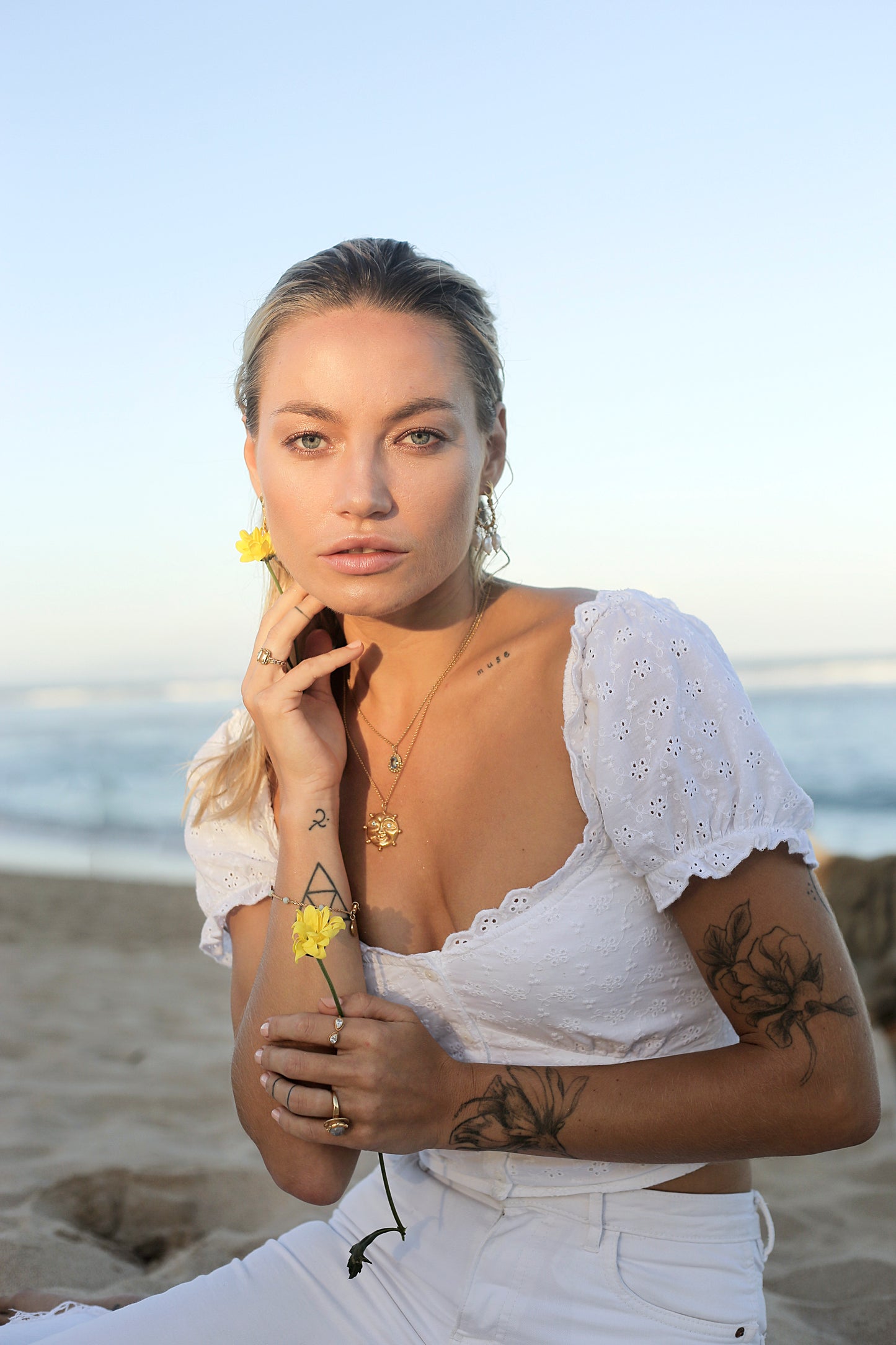 sunshine necklace on model