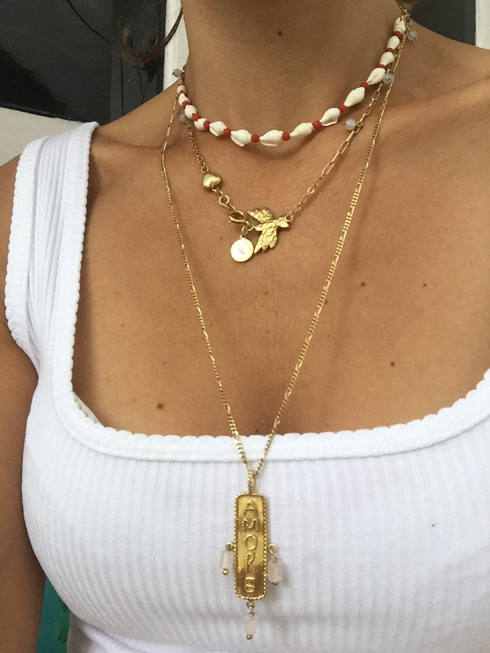 gold Blue lace agate necklace on model