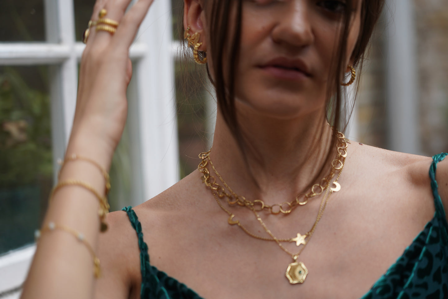 Gold moon chain on model