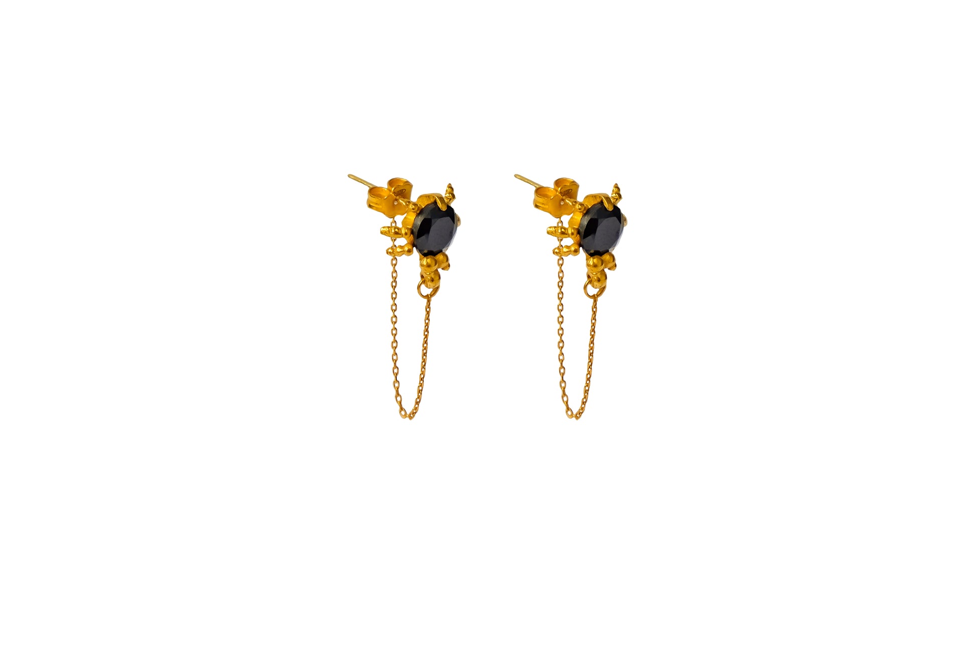 gold spider earrings with black spinel