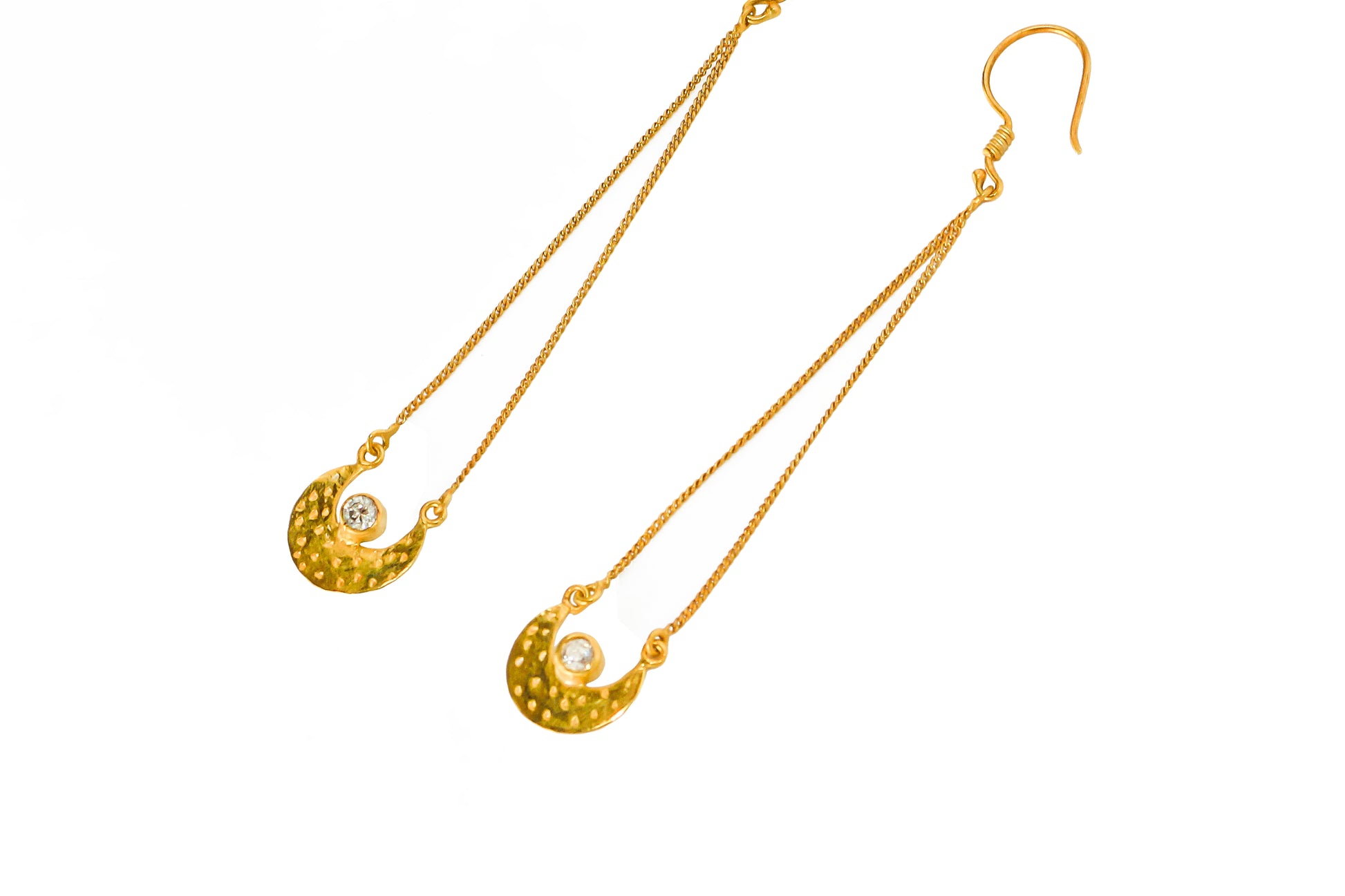 gold moon long earrings close up details