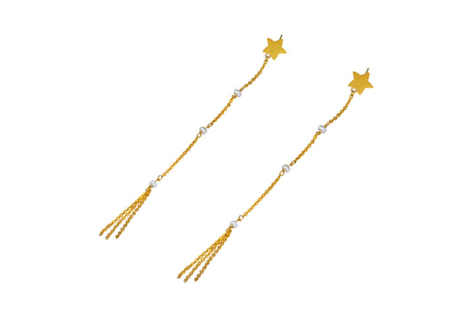 star and pearls chain gold earrings