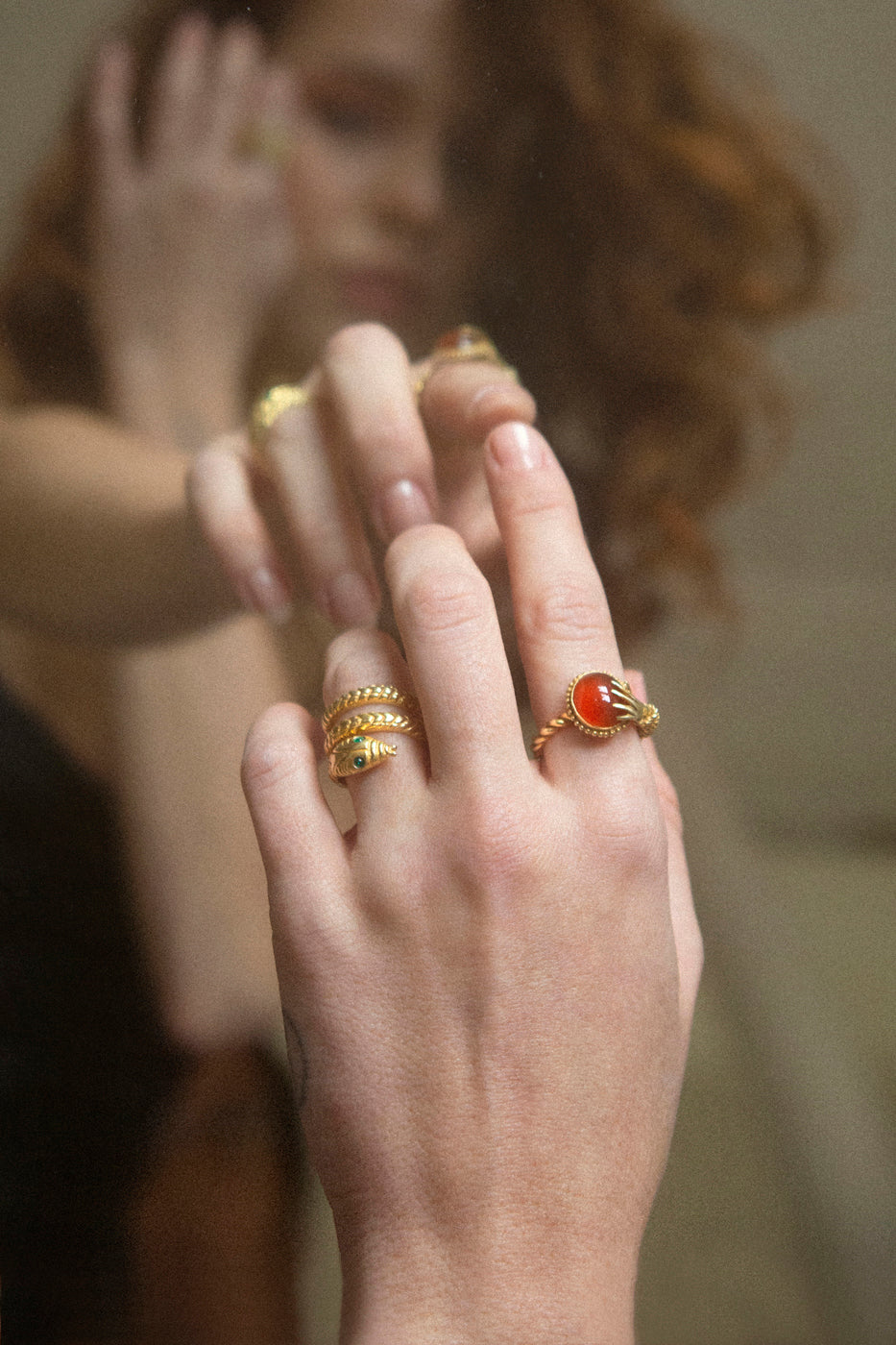 handmade gold ring with agate on model